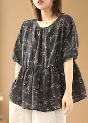 Bohemian Black O-Neck Print Linen Cinch Shirts Short Sleeve