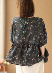 Bohemian Black O-Neck Print Linen Cinch Shirts Short Sleeve