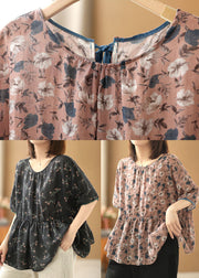 Bohemian Black O-Neck Print Linen Cinch Shirts Short Sleeve