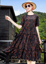 Bohemian Black O-Neck Ruffled Print Seiden-Maxikleid mit kurzen Ärmeln