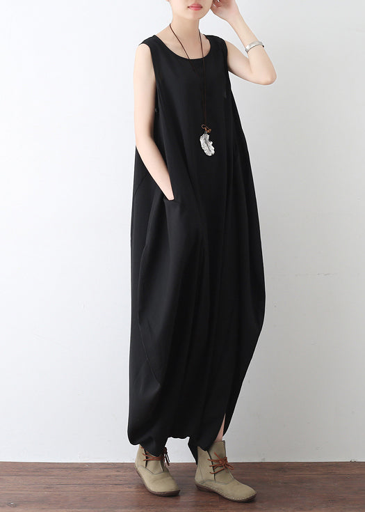 Bohemian Black O-Neck Zip Up Draping Pocket Chiffon Jumpsuit Sleeveless