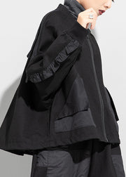 Bohemian Black O-Neck Zip Up Taschen Rüschen Patchwork Cotton Coats Long Sleeve