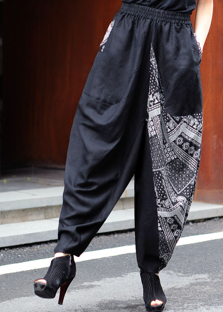 Bohemian Black Patchwork Print Pants Spring