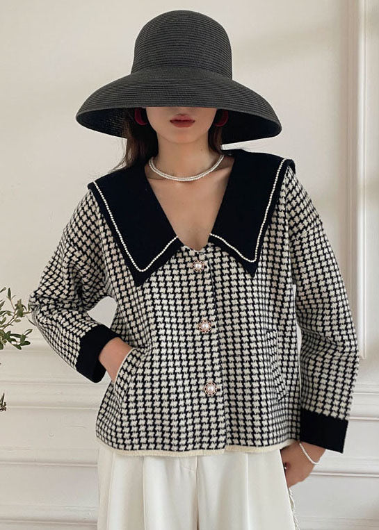 Bohemian Black Peter Pan Collar Plaid Knit Coat Spring