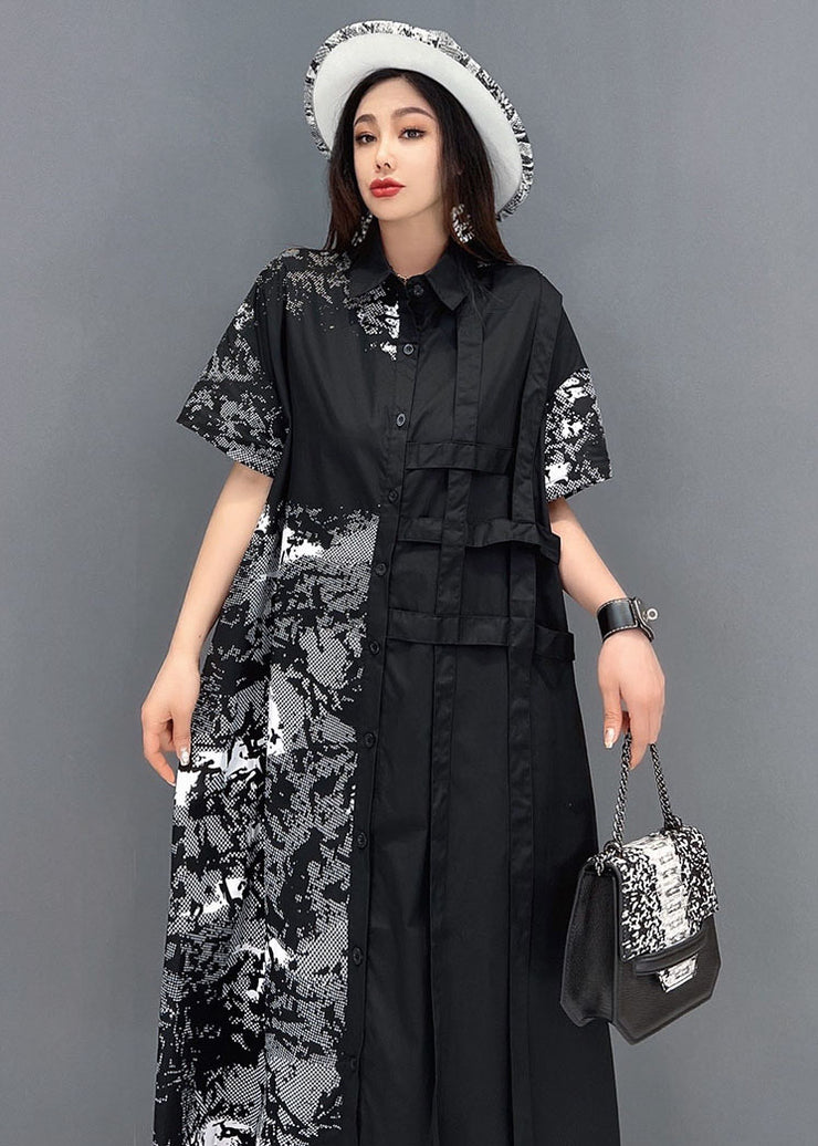 Bohemian Black Peter Pan Collar Print Cotton Shirt Dress Short Sleeve