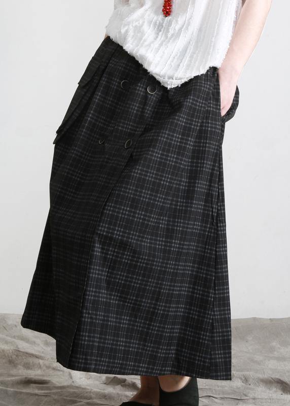 Bohemian Black Plaid Button Pockets Summer Cotton Skirts - bagstylebliss