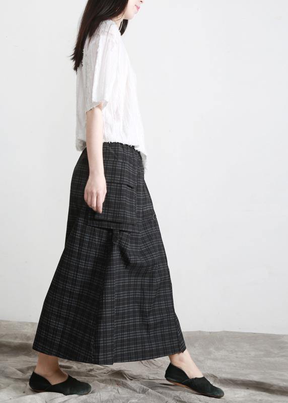 Bohemian Black Plaid Button Pockets Summer Cotton Skirts - bagstylebliss