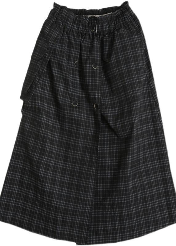 Bohemian Black Plaid Button Pockets Summer Cotton Skirts - bagstylebliss