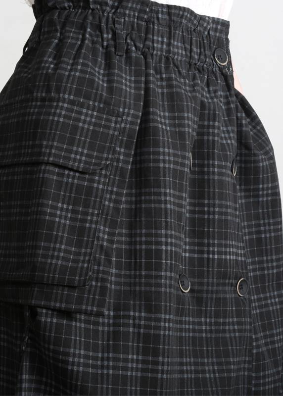 Bohemian Black Plaid Button Pockets Summer Cotton Skirts - bagstylebliss