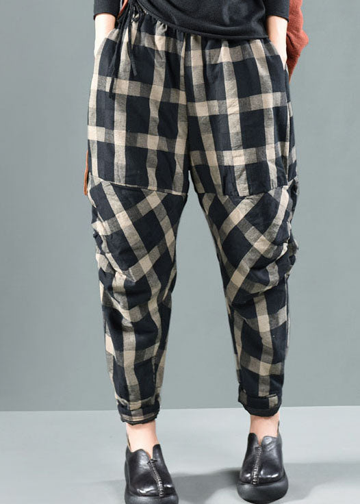 Bohemian Black Plaid Feine Baumwolle gefüllte Hose Winter