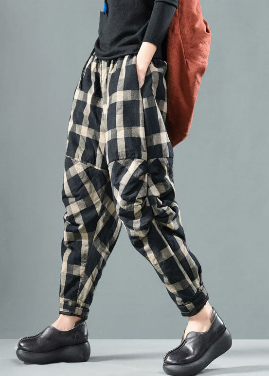 Bohemian Black Plaid Fine Cotton Filled Pants Winter