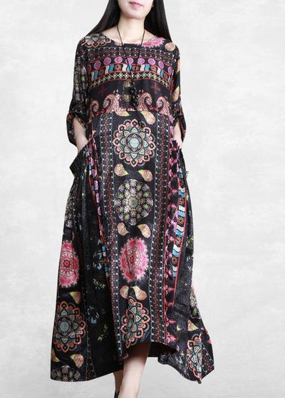 Bohemian Black Print Dress O Neck Pockets Plus Size Dress - bagstylebliss