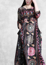 Bohemian Black Print Dress O Neck Pockets Plus Size Dress - bagstylebliss