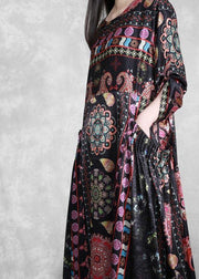 Bohemian Black Print Dress O Neck Pockets Plus Size Dress - bagstylebliss
