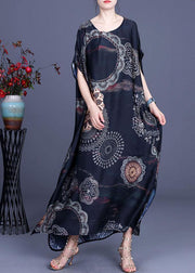 Bohemian Black Print side open Silk Summer Ankle Dress - bagstylebliss