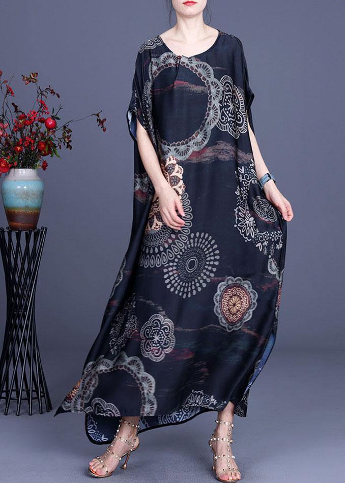 Bohemian Black Print side open Silk Summer Ankle Dress - bagstylebliss