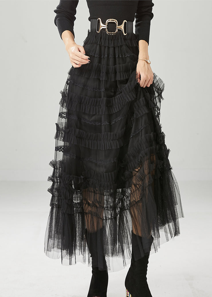 Bohemian Black Ruffled Tulle Vacation Skirts Fall