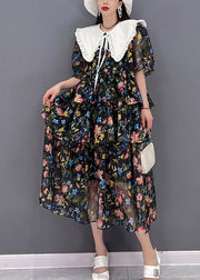 Bohemian Black Sailor Collar Layered Design Cinched Print Chiffon Dress Short Sleeve