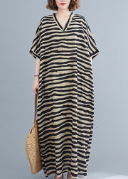 Bohemian Black Striped V Neck pockets Long Dress Short Sleeve