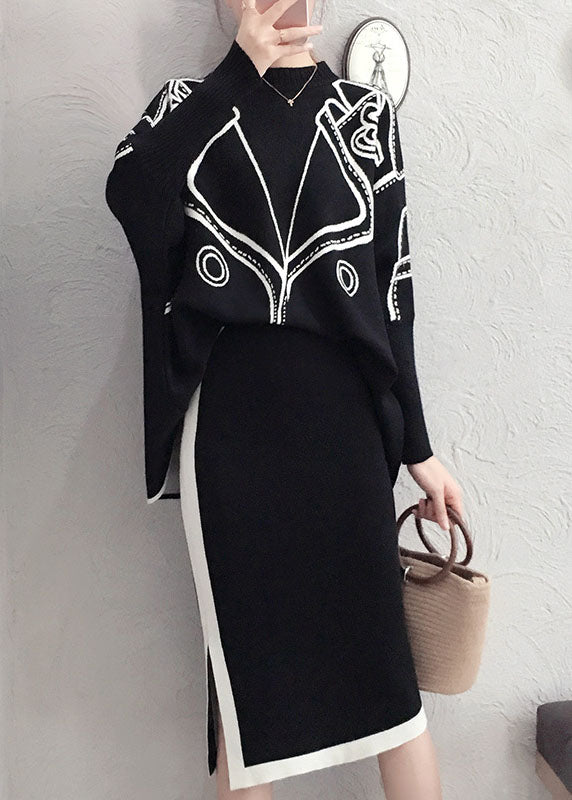 Bohemian Black Tasseled Patchwork Knit Two Pieces Set Winter