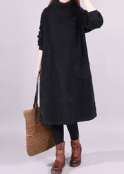 Bohemian Black Turtle Neck Patchwork Warm Fleece Corduroy Dress Long Sleeve