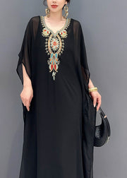 Bohemian Black V Neck Embroidered Patchwork Tulle Maxi Dresses Long Sleeve