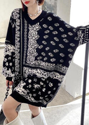 Bohemian Black V Neck Oversized Print Knit Sweater Dress Winter