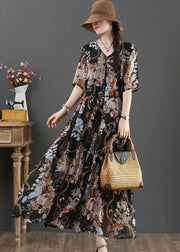 Bohemian Black V Neck Tie Waist Print Chiffon Vacation Dresses Short Sleeve