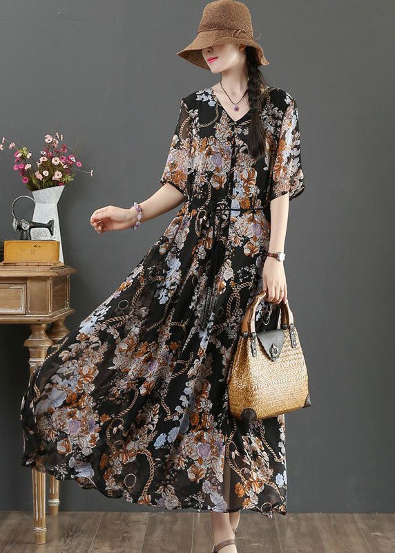 Bohemian Black V Neck Tie Waist Print Chiffon Vacation Dresses Short Sleeve