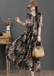 Bohemian Black V Neck Tie Waist Print Chiffon Vacation Dresses Short Sleeve