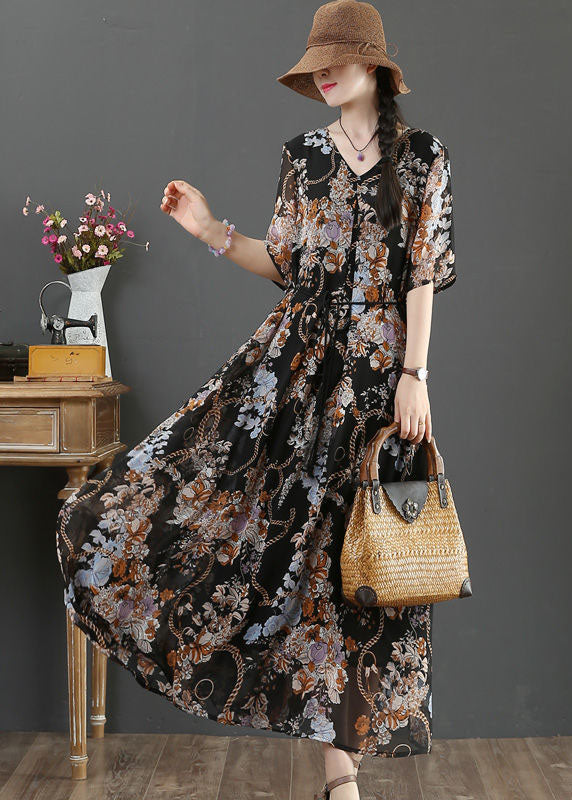 Bohemian Black V Neck Tie Waist Print Chiffon Vacation Dresses Short Sleeve