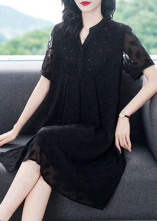 Bohemian Black V Neck Wrinkled Patchwork Jacquard Chiffon Holiday Dress Short Sleeve