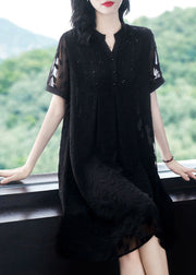 Bohemian Black V Neck Wrinkled Patchwork Jacquard Chiffon Holiday Dress Short Sleeve