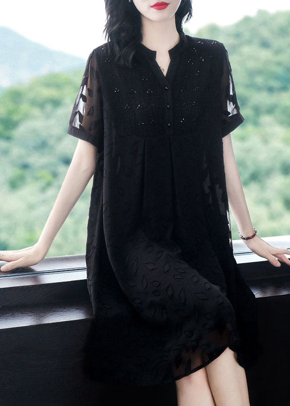 Bohemian Black V Neck Wrinkled Patchwork Jacquard Chiffon Holiday Dress Short Sleeve