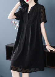 Bohemian Black V Neck Wrinkled Patchwork Jacquard Chiffon Holiday Dress Short Sleeve