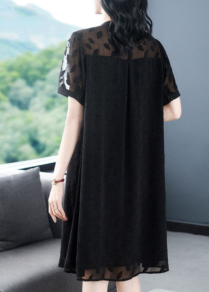 Bohemian Black V Neck Wrinkled Patchwork Jacquard Chiffon Holiday Dress Short Sleeve