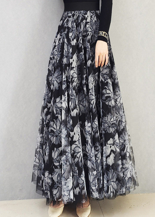 Bohemian Black White Floral High Waist Print Draping Tulle Maxi Skirt Spring