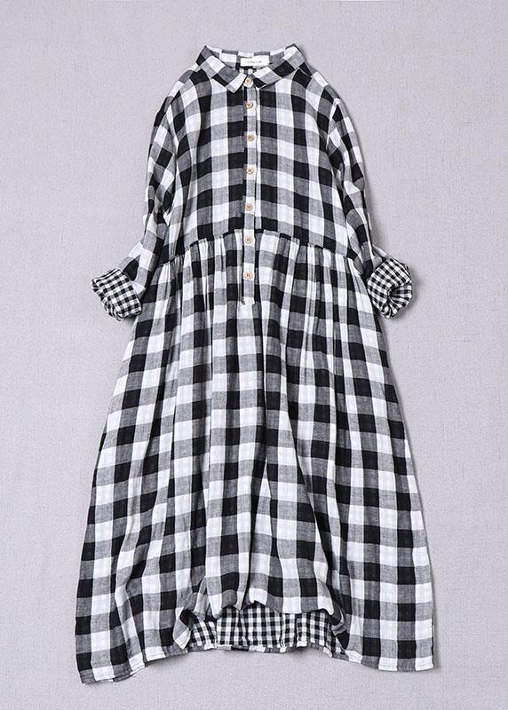 Bohemian Black White Plaid PeterPan Collar Pockets Button Fall Patchwork Dresses - bagstylebliss