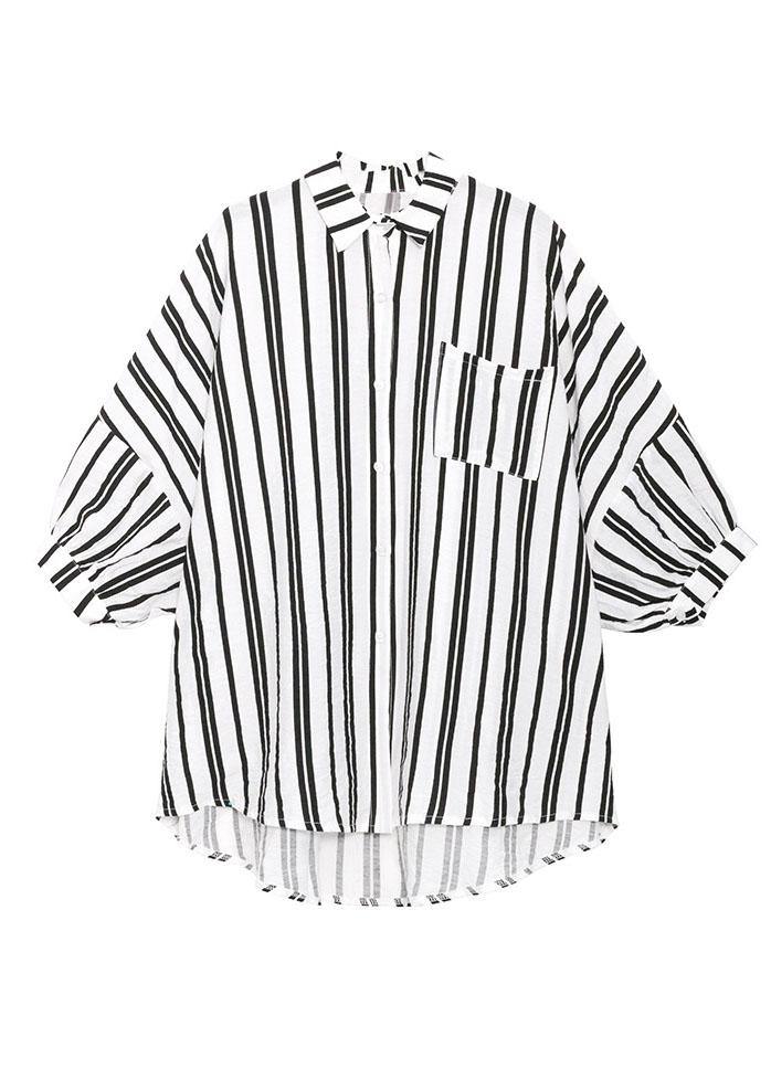 Bohemian Black White Striped Pockets Button Shirt Tops Summer - bagstylebliss