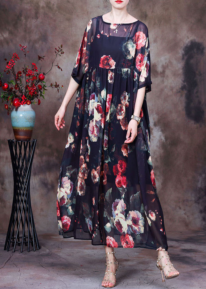 Bohemian Black Knitterdruck Chiffon Langes Kleid und Kleid Spaghettiträger Zweiteiler Anzug Set Sommer