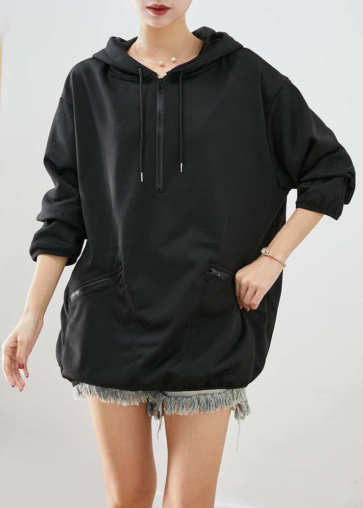 Bohemian Black Zip Up Hooded Oversized Cotton Sweatshirts Top Fall