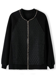 Bohemian Black Zippered Patchwork Nail Bead Coats Long Sleeve