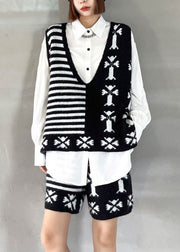 Bohemian Black fashion V Neck Jacquard Knit Vest + Wide Leg Fall Two Pieces Set