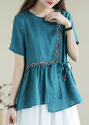 Bohemian Blue Embroideried  Shirt Top Short Sleeve