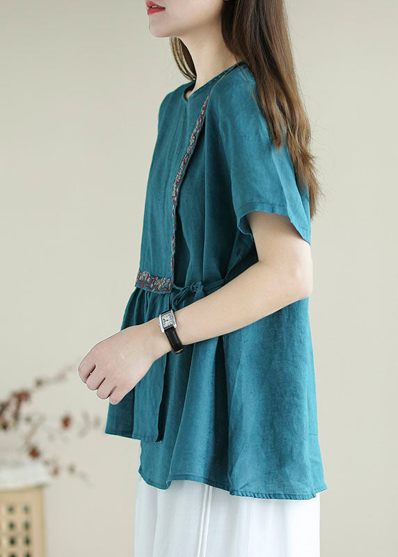 Bohemian Blue Embroideried  Shirt Top Short Sleeve