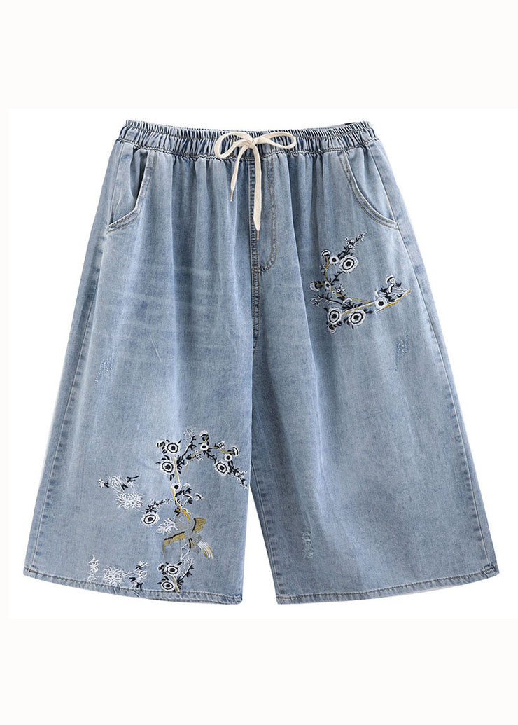 Bohemian Blue Embroidered Pockets Patchwork Denim Wide Leg Pants Summer