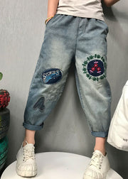 Bohemian Blue Embroidered denim Pants Spring