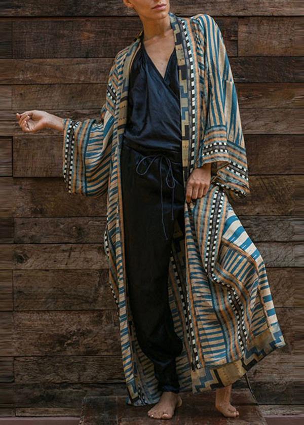 Bohemian Blue Geometric Print Long sleeve kimono robe Mid Summer Cotton - bagstylebliss