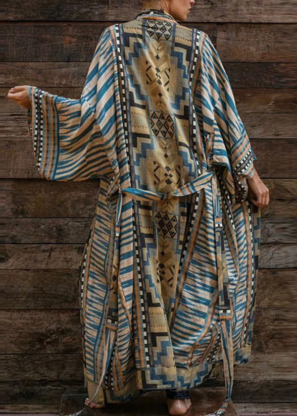 Bohemian Blue Geometric Print Long sleeve kimono robe Mid Summer Cotton - bagstylebliss