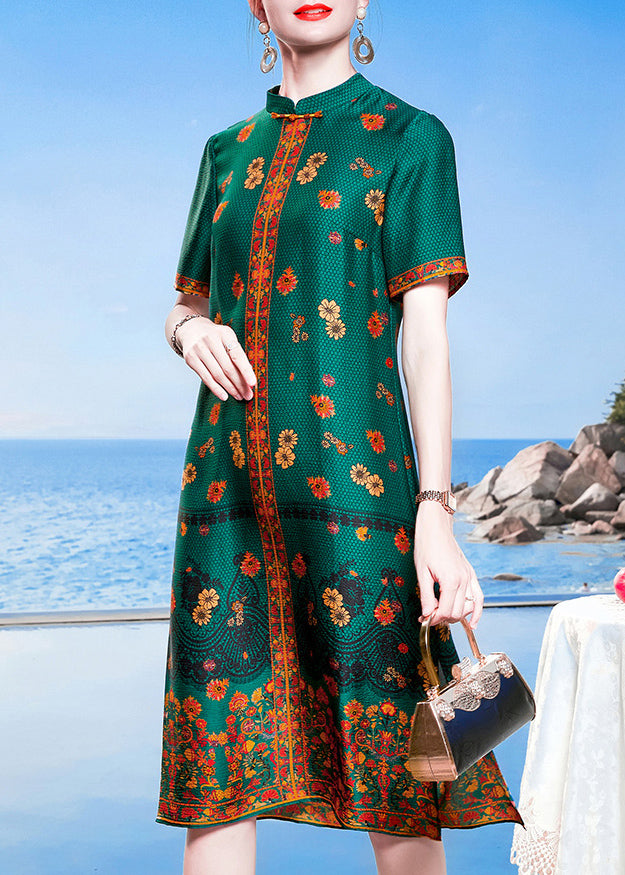 Bohemian Blau Grün Stehkragen Print Seite offen Seide Cheongsam Kleider Kurzarm